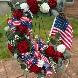 Patriotic Floral Wreath with American Flag
